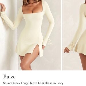 Oh Polly Baize Square Neck Long Sleeve Mini Dress in Ivory - Size 6